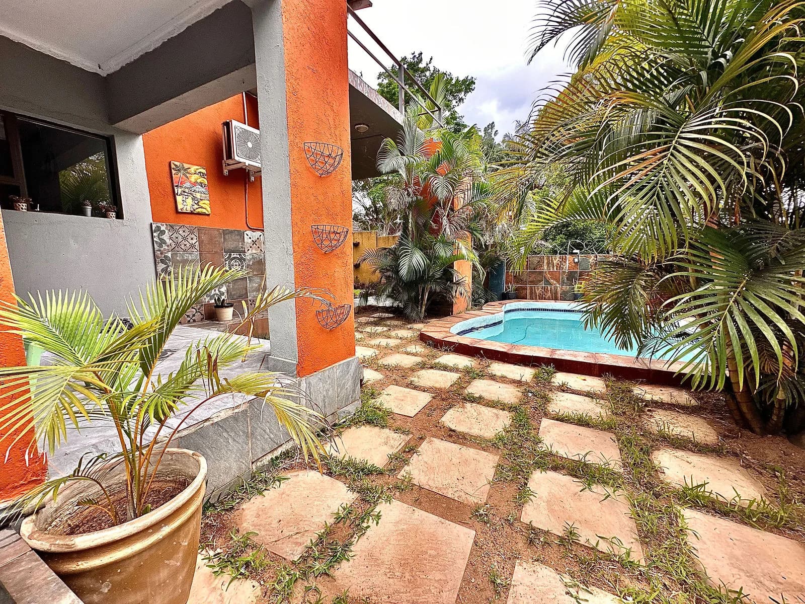 The pool beyond a paved garden of palms and an orange feature wall